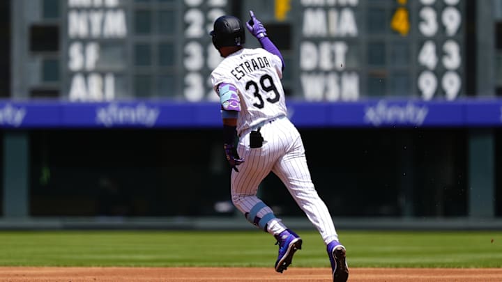 Jul 3, 2025; Denver, Colorado, USA; Colorado Rockies second baseman Thairo Estrada (39) runs off a two run home run in the first inning against the Houston Astros at Coors Field.