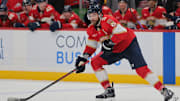 Florida Panthers defenseman Aaron Ekblad moves the puck against the Tampa Bay Lightning.