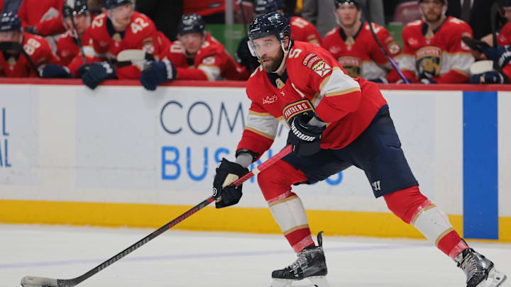Florida Panthers defenseman Aaron Ekblad moves the puck against the Tampa Bay Lightning.