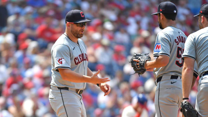 Jul 28, 2024; Philadelphia, Pennsylvania, USA; Cleveland Guardians manager Stephen Vogt (12) makes a pitching change against the Philadelphia Phillies during the sixth inning at Citizens Bank Park. Mandatory Credit: Eric Hartline-USA TODAY Sports