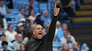 Dec 7, 2025; Chapel Hill, North Carolina, USA;  Georgetown Hoyas head coach Ed Cooley reacts in the first half at Dean E. Smith Center. Mandatory Credit: Bob Donnan-Imagn Images