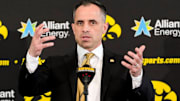 Ben McCollum, Iowa's new head men's basketball coach, speaks during his introductory press conference Tuesday, March 25, 2025 at Carver-Hawkeye Arena in Iowa City, Iowa.