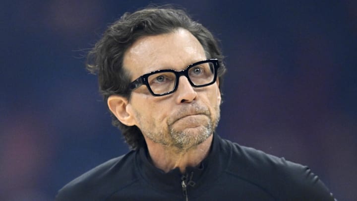 Atlanta Hawks head coach Quin Snyder reacts in the first quarter against the Cleveland Cavaliers at Rocket Arena on April 8, 2026. 