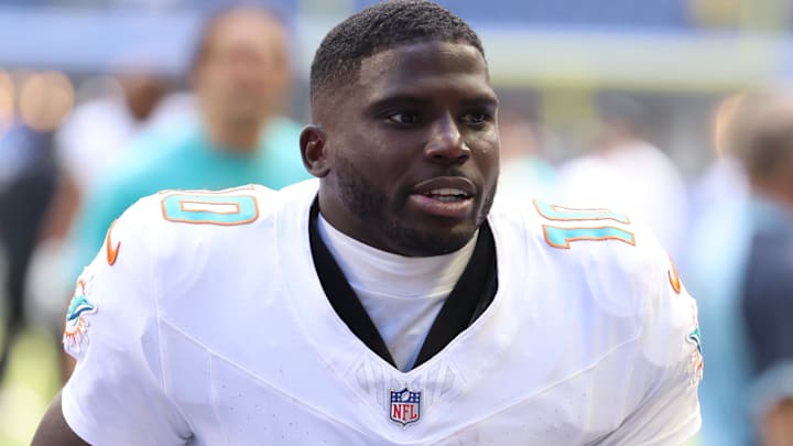 Sep 7, 2025; Indianapolis, Indiana, USA; Miami Dolphins wide receiver Tyreek Hill (10) leaves the field after losing to the Indianapolis Colts at Lucas Oil Stadium.
