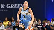 Aug 13, 2025; Uncasville, Connecticut, USA; Chicago Sky guard Rebecca Allen (9) dribbles against the Connecticut Sun during the first half at Mohegan Sun Arena. Mandatory Credit: Eric Canha-Imagn Images
