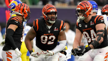 Cincinnati Bengals defensive end B.J. Hill (92) celebrates a tackle for loss in the first quarter