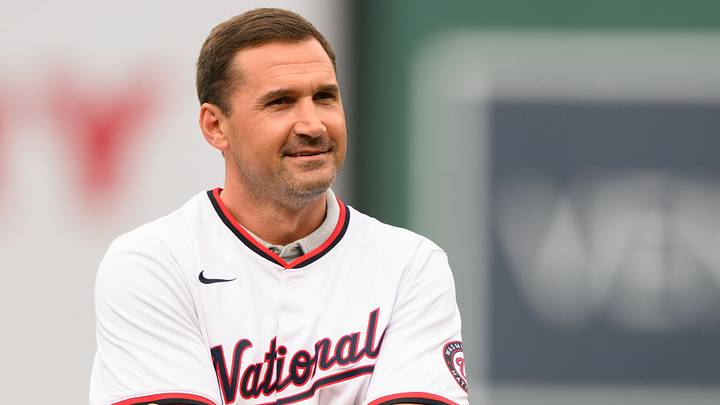 Apr 5, 2025; Washington, District of Columbia, USA; Former Washington Nationals Ryan Zimmerman looks on during a ceremony prior to the game between the Washington Nationals and the Arizona Diamondbacks  at Nationals Park. Mandatory Credit: Reggie Hildred-Imagn Images