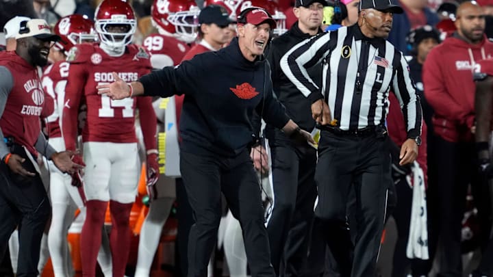 Oklahoma coach Brent Venables shouts at an official during a first-round College Football Playoff game between the University of Oklahoma Sooners (OU) and the Alabama Crimson Tide at Gaylord Family - Oklahoma Memorial Stadium in Norman, Okla., Friday, Dec. 19, 2025. Alabama won 34-24.
