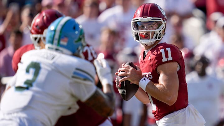 Oklahoma Sooners quarterback Jackson Arnold (11) drops back to pass during a college football game between the University of Oklahoma Sooners (OU) and the Tulane Green Wave at Gaylord Family - Oklahoma Memorial Stadium in Norman, Okla., Saturday, Sept. 14, 2024.