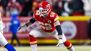Jan 26, 2025; Kansas City, MO, USA; Kansas City Chiefs guard Joe Thuney (62) against the Buffalo Bills in the AFC Championship game at GEHA Field at Arrowhead Stadium. Mandatory Credit: Mark J. Rebilas-Imagn Images
