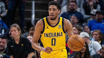 Feb 23, 2025; Indianapolis, Indiana, USA;  Indiana Pacers guard Tyrese Haliburton (0) dribbles the ball in the second half against the LA Clippers at Gainbridge Fieldhouse. Mandatory Credit: Trevor Ruszkowski-Imagn Images