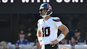 Oct 5, 2025; Baltimore, Maryland, USA; Houston Texans quarterback Davis Mills (10) stands on the field during the fourth quarter against the Baltimore Ravens at M&T Bank Stadium. Mandatory Credit: Rafael Suanes-Imagn Images