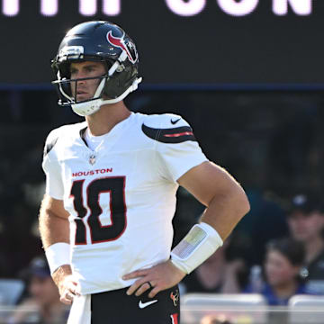 Oct 5, 2025; Baltimore, Maryland, USA; Houston Texans quarterback Davis Mills (10) stands on the field during the fourth quarter against the Baltimore Ravens at M&T Bank Stadium. Mandatory Credit: Rafael Suanes-Imagn Images