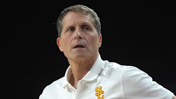 Feb 11, 2025; Los Angeles, California, USA; Southern California Trojans head coach Eric Musselman reacts during the game against the Penn State Nittany Lions at Galen Center. Mandatory Credit: Kirby Lee-Imagn Images