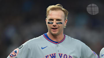 Sep 28, 2025; Miami, Florida, USA; New York Mets first baseman Pete Alonso (20) reacts while standing next to shortstop Francisco Lindor (12) after his at bat against the Miami Marlins during the fifth inning at loanDepot Park. Mandatory Credit: Sam Navarro-Imagn Images