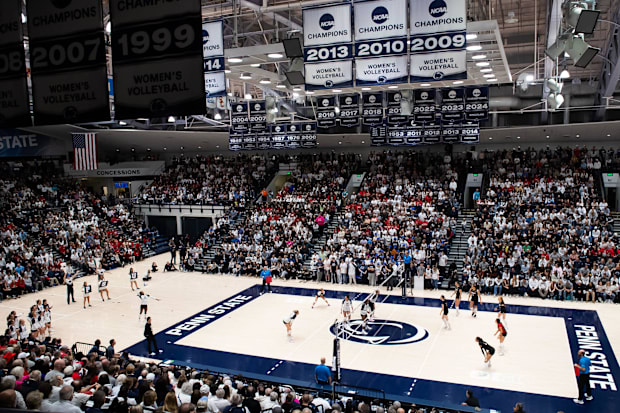 Penn State's Camryn Hannah, bottom left, serves to Nebraska during a Big Ten volleyball match at Rec Hall on Friday, Nov. 29.