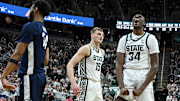 Michigan State Spartans forward Xavier Booker (34) celebrates a basket and foul against the Penn State Nittany Lions during the second half at Jack Breslin Student Events Center.