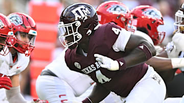 Sep 2, 2023; College Station, Texas, USA; Texas A&M Aggies defensive lineman Shemar Stewart (4) in action during the first half against the New Mexico Lobos at Kyle Field. Mandatory Credit: Maria Lysaker-Imagn Images