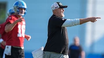 Detroit Lions offensive coordinator John Morton talks to players at practice during training camp at Meijer Performance Center in Allen Park on Monday, July 21, 2025.
