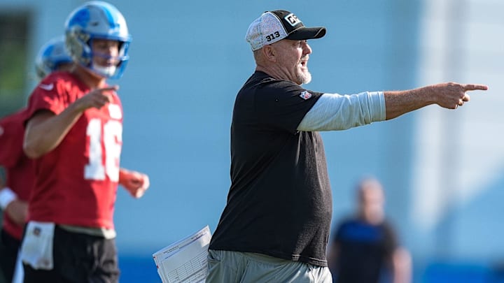 Detroit Lions offensive coordinator John Morton talks to players at practice during training camp at Meijer Performance Center in Allen Park on Monday, July 21, 2025.