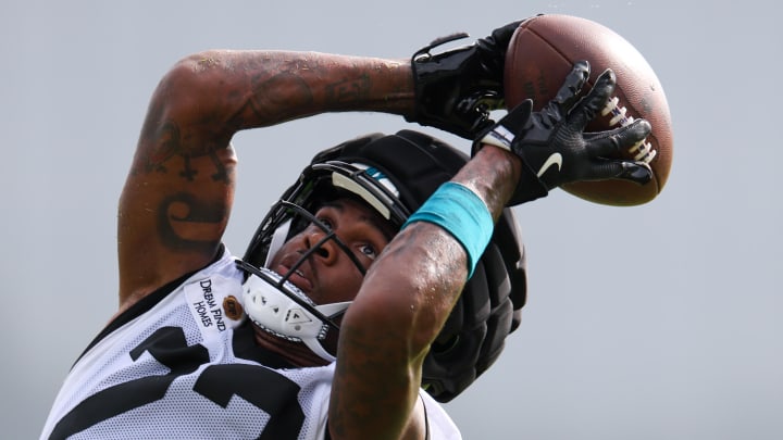 Jul 25, 2024; Jacksonville, FL, USA; Jacksonville Jaguars cornerback Jarrian Jones (22) participates in training camp at Miller Electric Center Mandatory Credit: Nathan Ray Seebeck-USA TODAY Sports