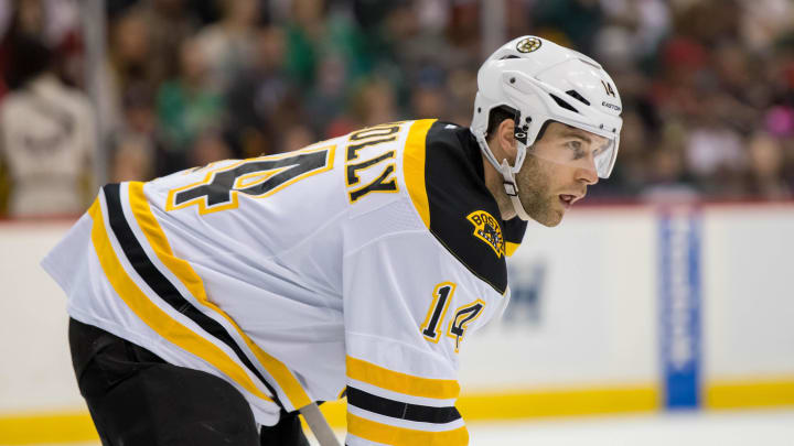 Feb 13, 2016; Saint Paul, MN, USA; Boston Bruins forward Brett Connolly (14) at the faceoff in the second period against the Minnesota Wild at Xcel Energy Center. Mandatory Credit: Brad Rempel-USA TODAY Sports