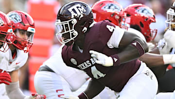Sep 2, 2023; College Station, Texas, USA; Texas A&M Aggies defensive lineman Shemar Stewart (4) in action during the first half against the New Mexico Lobos at Kyle Field. Mandatory Credit: Maria Lysaker-Imagn Images