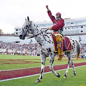 Sep 2, 2024; Tallahassee, Florida, USA; Florida State Seminoles symbols Osceola and Renegade before the game against the Boston College Eagles at Doak S. Campbell Stadium. Mandatory Credit: Melina Myers-Imagn Images