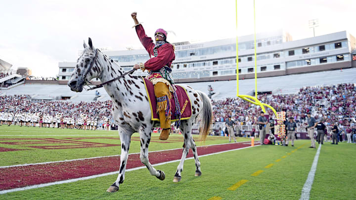 Sep 2, 2024; Tallahassee, Florida, USA; Florida State Seminoles symbols Osceola and Renegade before the game against the Boston College Eagles at Doak S. Campbell Stadium. Mandatory Credit: Melina Myers-Imagn Images