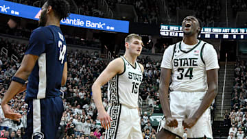 Jan 15, 2025; East Lansing, Michigan, USA;  Michigan State Spartans forward Xavier Booker (34) celebrates a basket and foul against the Penn State Nittany Lions during the second half at Jack Breslin Student Events Center. Mandatory Credit: Dale Young-Imagn Images