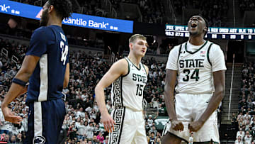 Jan 15, 2025; East Lansing, Michigan, USA;  Michigan State Spartans forward Xavier Booker (34) celebrates a basket and foul against the Penn State Nittany Lions during the second half at Jack Breslin Student Events Center. Mandatory Credit: Dale Young-Imagn Images