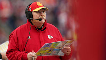 Dec 17, 2023; Foxborough, Massachusetts, USA; Kansas City Chiefs head coach Andy Reid watches from the sideline as they take on the New England Patriots at Gillette Stadium. Mandatory Credit: David Butler II-Imagn Images