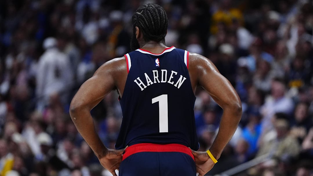 Apr 29, 2025; Denver, Colorado, USA; LA Clippers guard James Harden (1) during the fourth quarter against the Denver Nuggets during game five of the first round for the 2025 NBA Playoffs at Ball Arena. Mandatory Credit: Ron Chenoy-Imagn Images