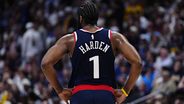 Apr 29, 2025; Denver, Colorado, USA; LA Clippers guard James Harden (1) during the fourth quarter against the Denver Nuggets during game five of the first round for the 2025 NBA Playoffs at Ball Arena. Mandatory Credit: Ron Chenoy-Imagn Images