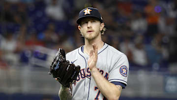 Aug 5, 2025; Miami, Florida, USA;  Houston Astros pitcher Josh Hader (71) celebrates defeating the Miami Marlins following the game at loanDepot Park. Mandatory Credit: Rhona Wise-Imagn Images