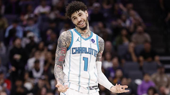 Mar 11, 2026; Sacramento, California, USA; Charlotte Hornets guard LaMelo Ball (1) smiles and gestures after scoring a three point basket against the Sacramento King during the fourth quarter at Golden 1 Center. Mandatory Credit: Kelley L Cox-Imagn Images