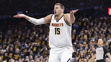 May 5, 2025; Oklahoma City, Oklahoma, USA; Denver Nuggets center Nikola Jokic (15) reacts after a play against the Oklahoma City Thunder during the second half in game one of the second round for the 2025 NBA Playoffs at Paycom Center. Mandatory Credit: Alonzo Adams-Imagn Images