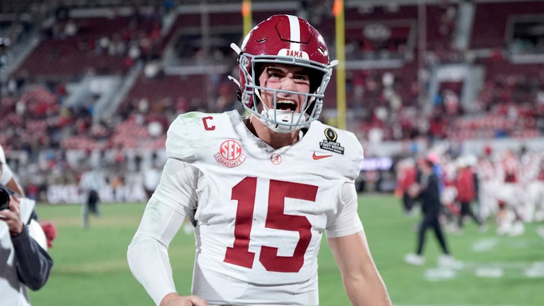 Alabama's Ty Simpson (15) celebrates following the College Football Playoff game between the University of Oklahoma Sooners (OU) and the Alabama Crimson Tide at the Gaylord Family Ð Oklahoma Memorial Stadium in Norman, Okla., Friday Dec. 19, 2025.