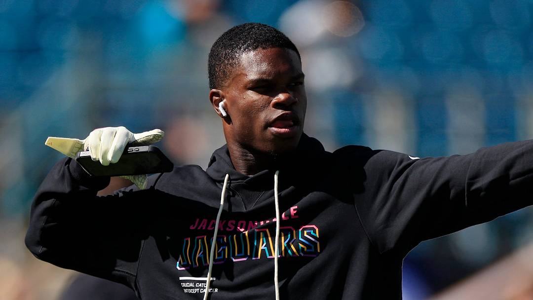Jacksonville Jaguars wide receiver Travis Hunter (12) dances before an NFL football matchup, Sunday, Oct. 12, 2025, at EverBank Stadium in Jacksonville, Fla. The Seahawks defeated the Jaguars 20-12.