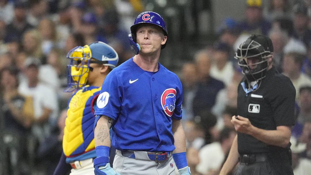 Jun 26, 2026; Milwaukee, Wisconsin, USA; Chicago Cubs center fielder Pete Crow-Armstrong (4) walks away from the batters box after striking out against Milwaukee Brewers pitcher Jacob Misiorowski (32) in the first inning at American Family Field. 