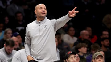 Mar 28, 2025; Brooklyn, New York, USA; Brooklyn Nets head coach Jordi Fernandez coaches against the Los Angeles Clippers during the second quarter at Barclays Center. Mandatory Credit: Brad Penner-Imagn Images