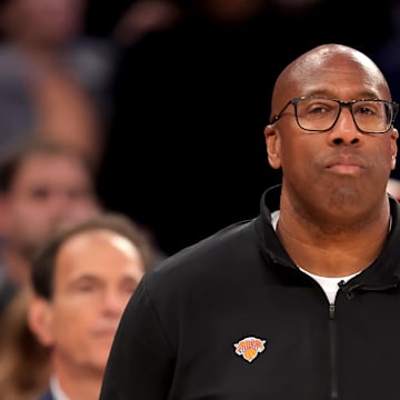 Oct 22, 2025; New York, New York, USA; New York Knicks head coach Mike Brown coaches against the Cleveland Cavaliers during the fourth quarter at Madison Square Garden. Mandatory Credit: Brad Penner-Imagn Images
