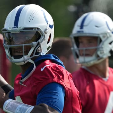 Indianapolis Colts quarterback Anthony Richardson (5) throws the ball during the first day of the Indianapolis Colts’ training camp Thursday, July 25, 2024, at Grand Park Sports Complex in Westfield.