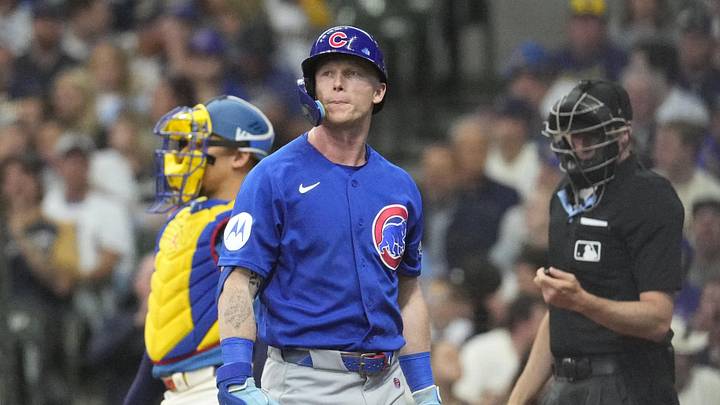 Jun 26, 2026; Milwaukee, Wisconsin, USA; Chicago Cubs center fielder Pete Crow-Armstrong (4) walks away from the batters box after striking out against Milwaukee Brewers pitcher Jacob Misiorowski (32) in the first inning at American Family Field. 