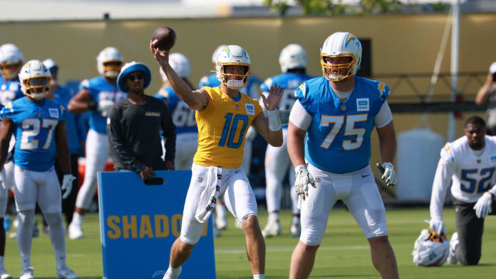 Jul 24, 2024; El Segundo, CA, USA;  Los Angeles Chargers quarterback Justin Herbert (10) throws during the first day of training camp at The Bolt. Mandatory Credit: Kiyoshi Mio-USA TODAY Sports