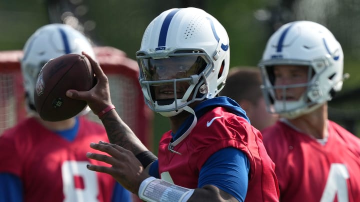 Indianapolis Colts quarterback Anthony Richardson (5) throws the ball during the first day of the Indianapolis Colts’ training camp Thursday, July 25, 2024, at Grand Park Sports Complex in Westfield.