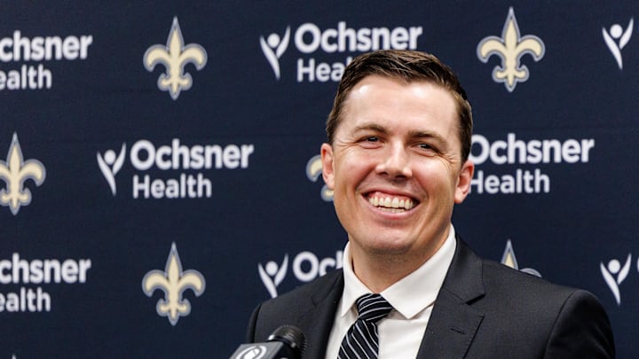 Feb 13, 2025; New Orleans, LA, USA; New Orleans Saints introduce Kellen Moore as the head coach and he addresses the media at Ochsner Sports Performance Center. Mandatory Credit: Stephen Lew-Imagn Images Feb 13, 2025; New Orleans, LA, USA; New Orleans Saints introduce Kellen Moore as the head coach and he addresses the media at Ochsner Sports Performance Center. Mandatory Credit: Stephen Lew-Imagn Images