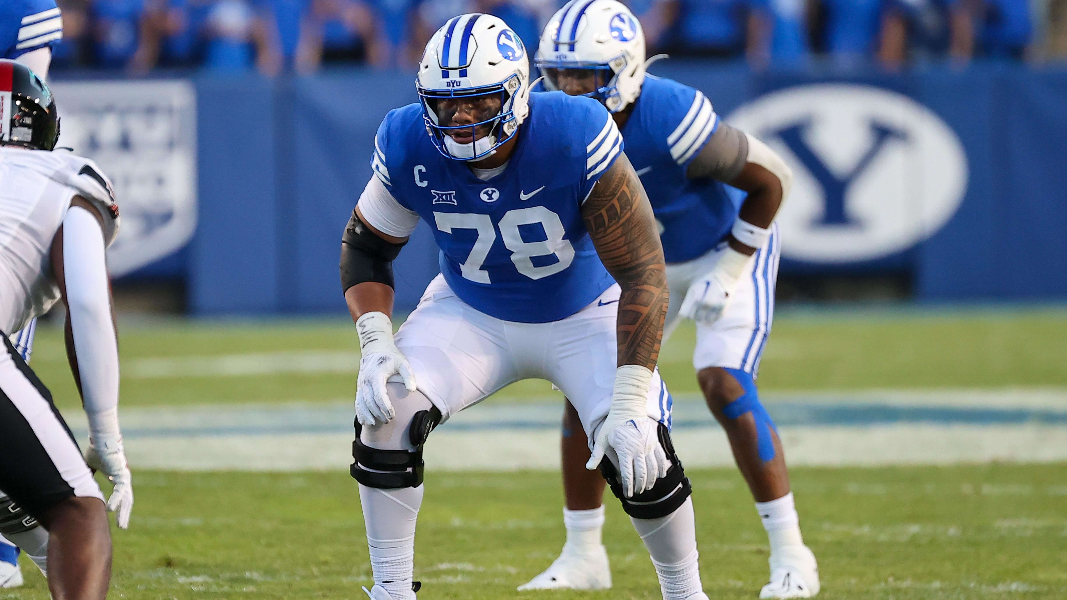 Brigham Young Cougars offensive lineman Kingsley Suamataia awaits the snap.