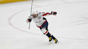 Apr 6, 2025; Elmont, New York, USA;  Washington Capitals left wing Alex Ovechkin (8) scores a goal in the 2nd period against the New York Islanders at UBS Arena. The goal is the 895th of Ovechkin’s career, breaking the NHL all-time career goals record previously held by Wayne Gretzky.at UBS Arena. Mandatory Credit: Geoff Burke-Imagn Images