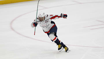 Apr 6, 2025; Elmont, New York, USA;  Washington Capitals left wing Alex Ovechkin (8) scores a goal in the 2nd period against the New York Islanders at UBS Arena. The goal is the 895th of Ovechkin’s career, breaking the NHL all-time career goals record previously held by Wayne Gretzky.at UBS Arena. Mandatory Credit: Geoff Burke-Imagn Images
